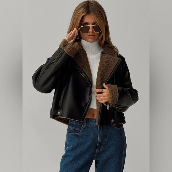 Princess Polly Shearling Trim Faux Leather Jacket Black Size 0 NWOT - Picture 4 of 5